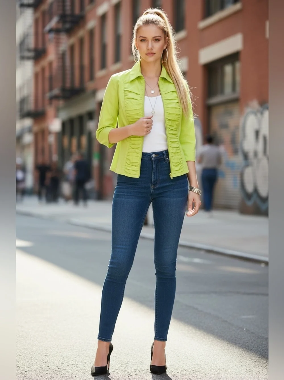 Ravel XL neon‎ green zippered ruched 3/4 length sleeves jacket